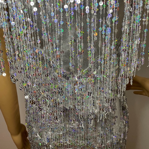 Vintage gatsby silver iridescent sequin fringe mini dress with sequin v neck! - Picture 11 of 15